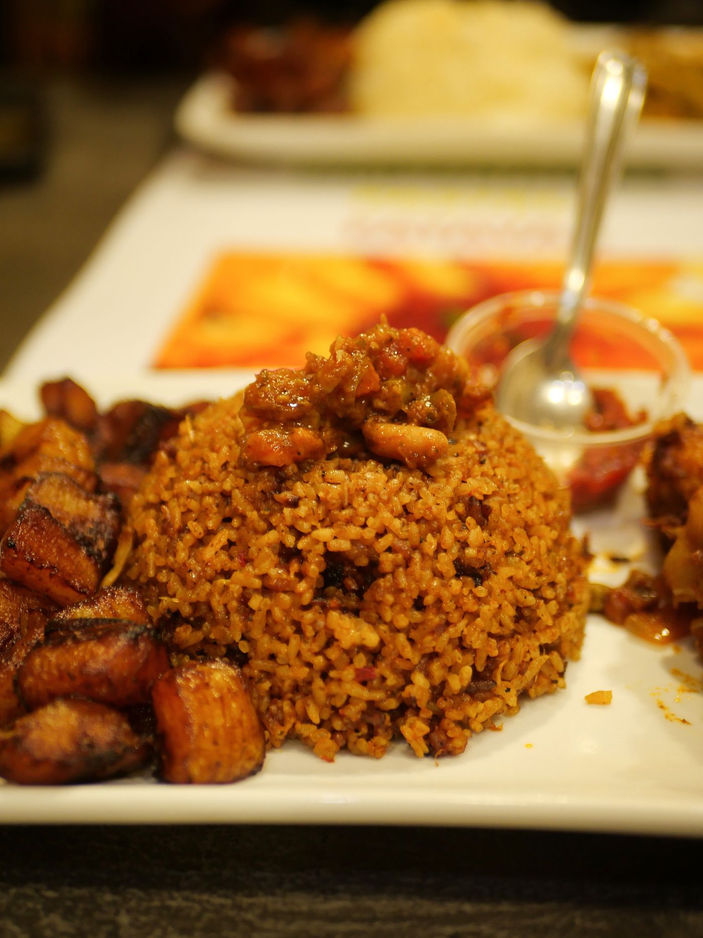 Party jollof rice with fried plantain
